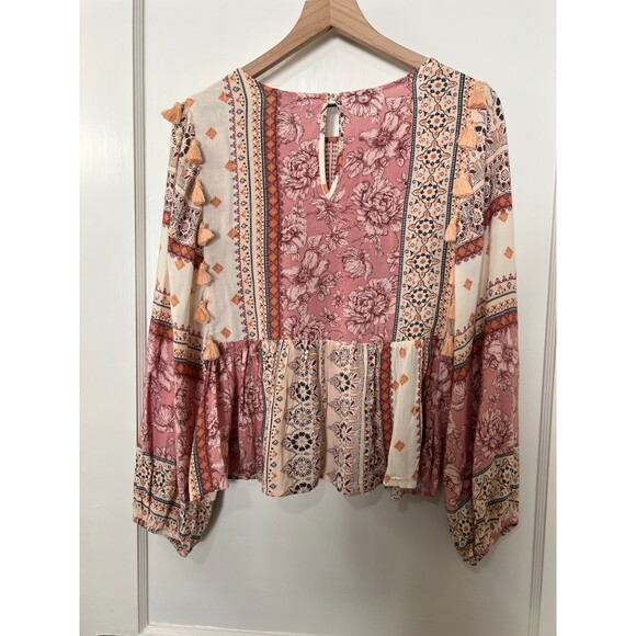 American Eagle Boho Tassel Embroidered Floral Peasant Top - Women's S - Picture 2 of 11